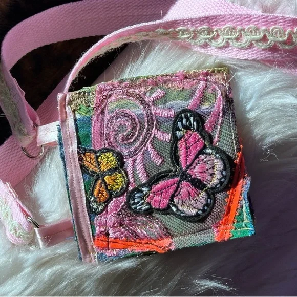 Fabric Collage Wallet Hand Crafted Pink and Black Butterfly Bag Purse Necklace - Picture 10 of 10